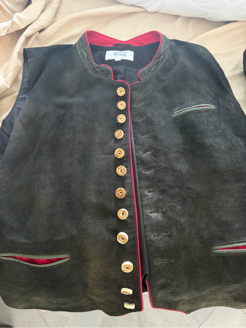 Traditional Black Suede Button-Front Vest with Red Trim